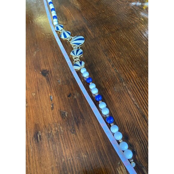 1980s Glass Beads Metal Enamel Necklace Shell Link Bib Circus Tent Blue White - Picture 5 of 9